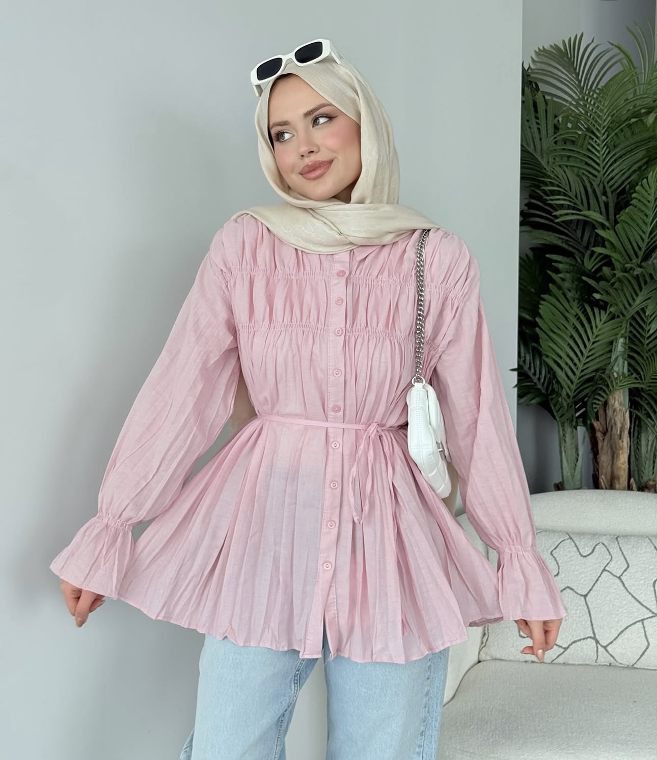 Zambak keten gomlek-Pembe