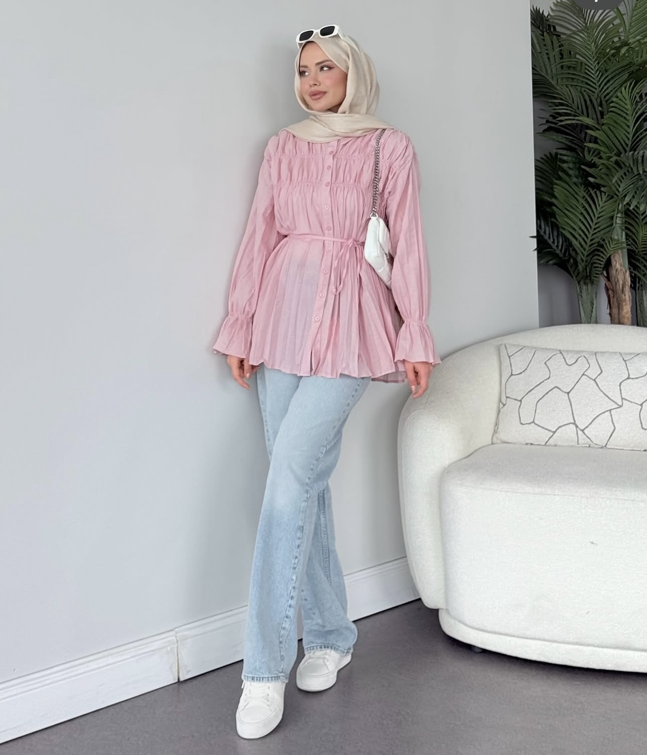 Zambak keten gomlek-Pembe - Görsel 3